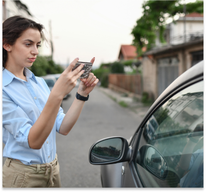 Female With Damaged Windshield Taking Insurance Photographs Of It